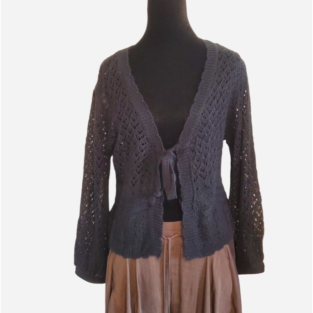 Sweet Kizz Black Open Knit Tie Front Cardigan Fairy Grunge Y2K Whimsigoth Size M